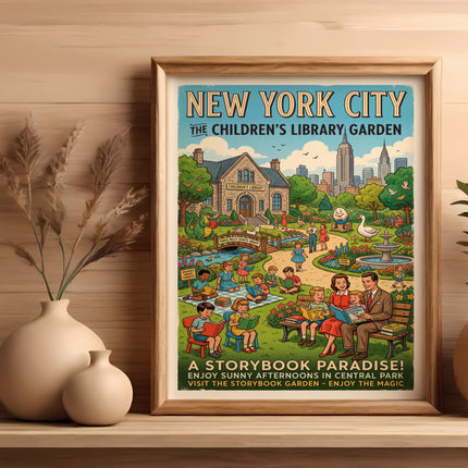 New York City Children's Library Garden poster with kids reading.