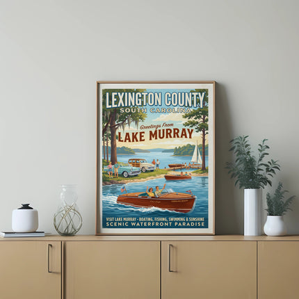 Retro poster for Lexington County, South Carolina, featuring Lake Murray activities and vintage cars.