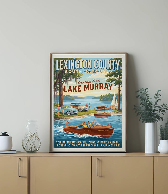 Retro poster for Lexington County, South Carolina, featuring Lake Murray activities and vintage cars.