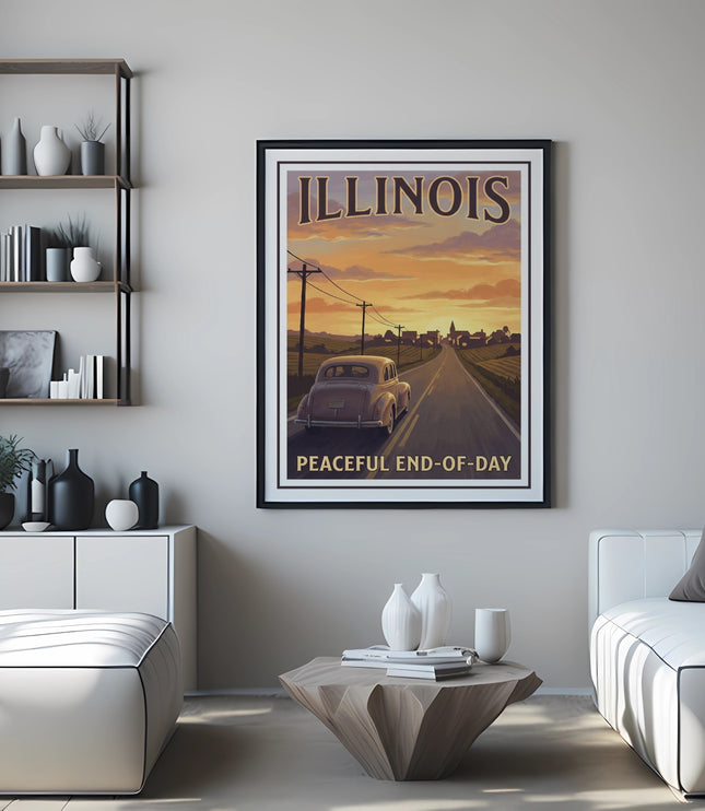 Framed Illinois poster featuring a vintage car driving on a road at sunset.
