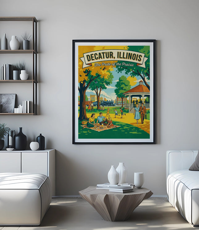Vintage poster featuring Decatur, Illinois, with people picnicking and a train.