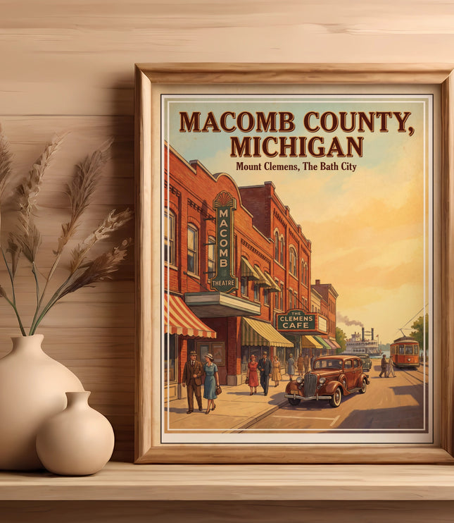 Vintage poster of Macomb County, Michigan, depicting Mount Clemens street scene with buildings and trolley.