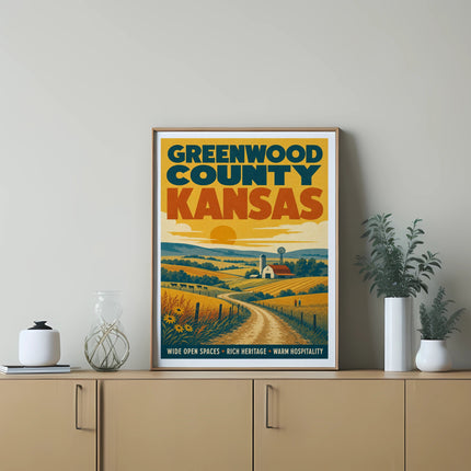 Greenwood County Kansas poster featuring a winding road, farm, and sun.