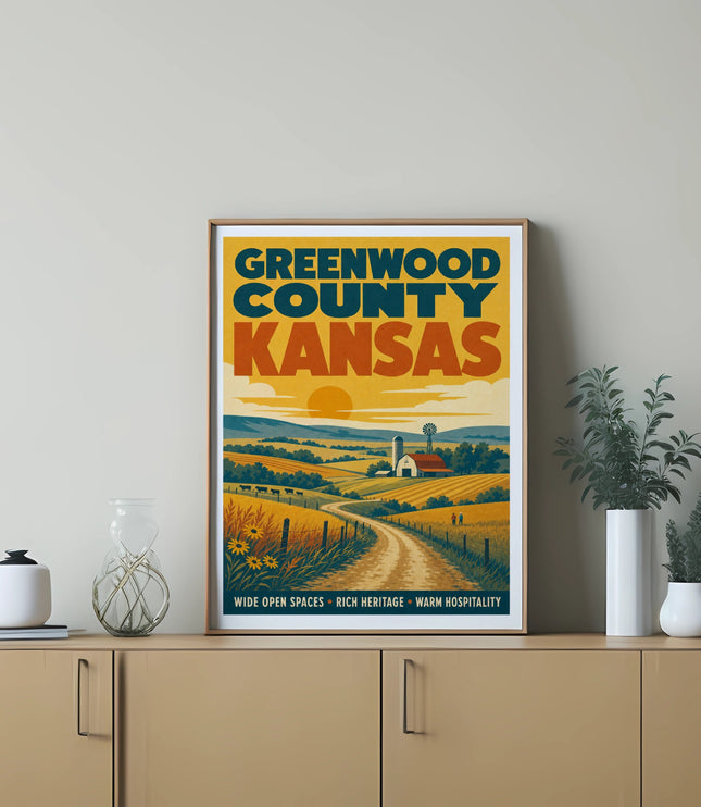 Greenwood County Kansas poster featuring a winding road, farm, and sun.