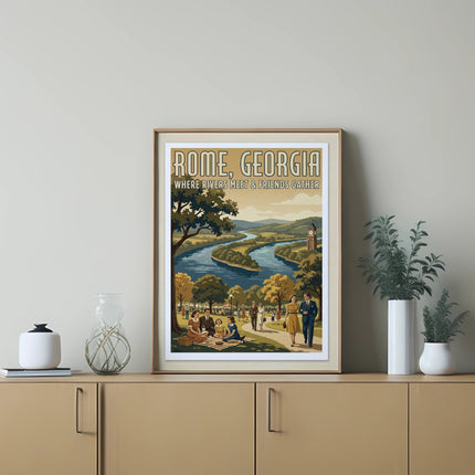 Retro travel poster for Rome, Georgia showing people by a river.