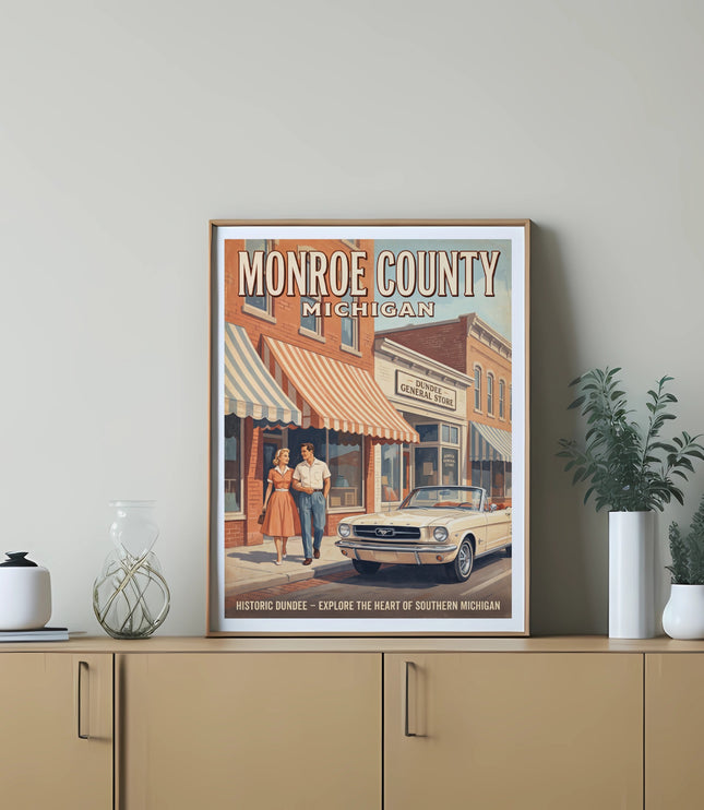 Monroe County, Michigan travel poster featuring a couple, a classic convertible, and Dundee General Store.
