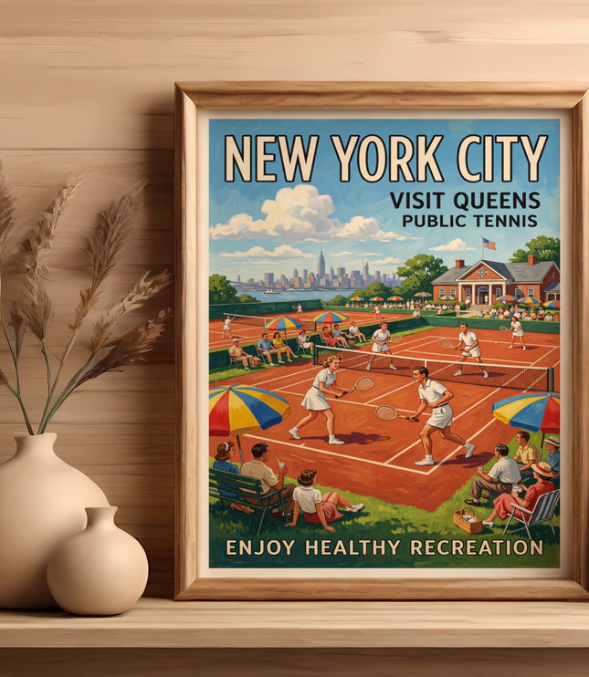 Vintage poster "New York City Enjoy Healthy Recreation" with tennis scene.