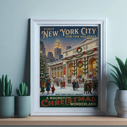 Vintage poster for New York City holidays at the Public Library.