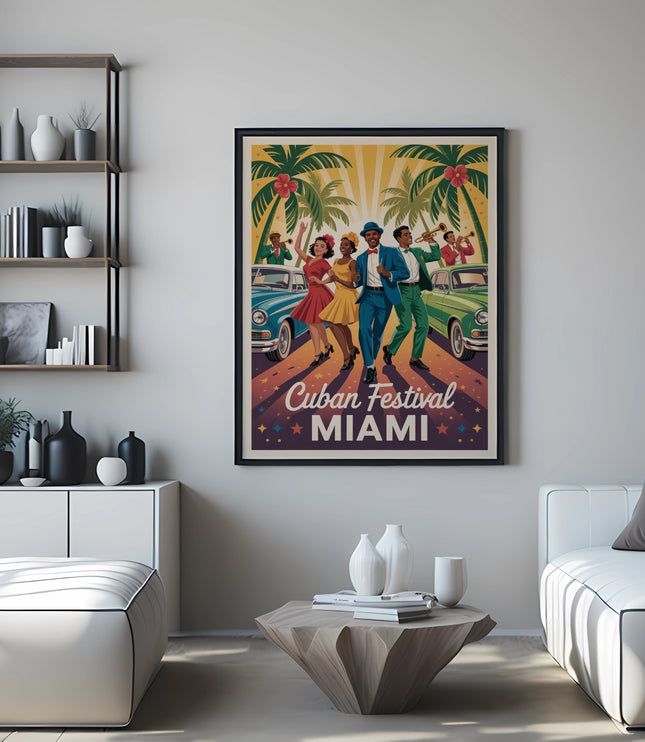 Cuban Festival Miami poster with dancers and vintage cars.