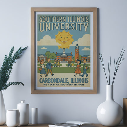 Vintage Southern Illinois University Carbondale poster with cartoon sun and students.
