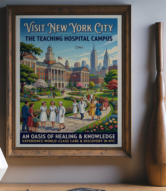 Vintage poster: Visit New York City Teaching Hospital Campus, showing people and buildings.