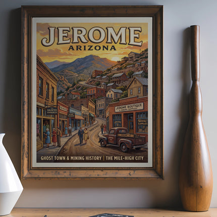 Poster of Jerome, Arizona, depicting a street scene with shops and a vintage truck.