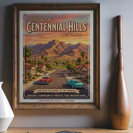 Vintage travel poster for Centennial Hills, Nevada, featuring cars and mountains.