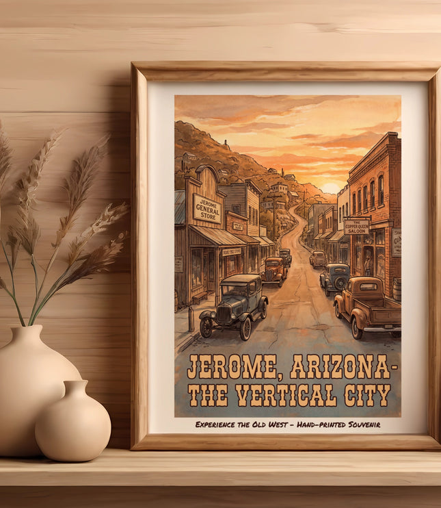 Jerome, Arizona - The Vertical City vintage poster with old cars and buildings.