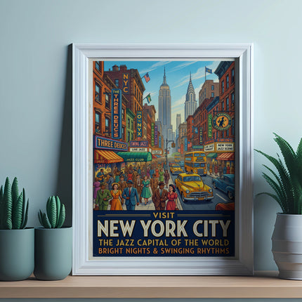 New York City jazz scene poster with Empire State Building and taxis.