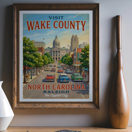 Vintage poster for Wake County, North Carolina, depicting Raleigh's Capitol Building and downtown.