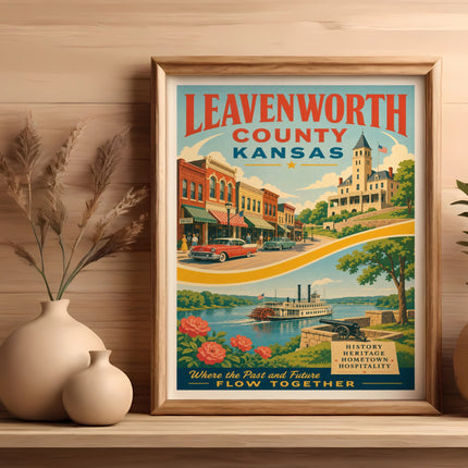 Leavenworth County Kansas vintage travel poster with cityscape and riverboat.
