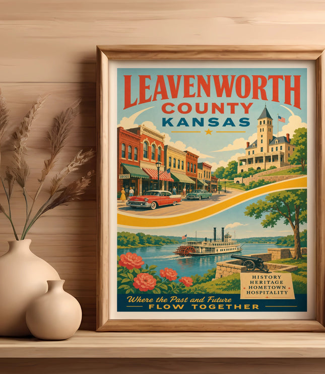 Leavenworth County Kansas vintage travel poster with cityscape and riverboat.