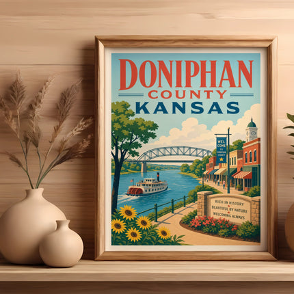 Doniphan County Kansas poster with river, bridge, and sunflowers.