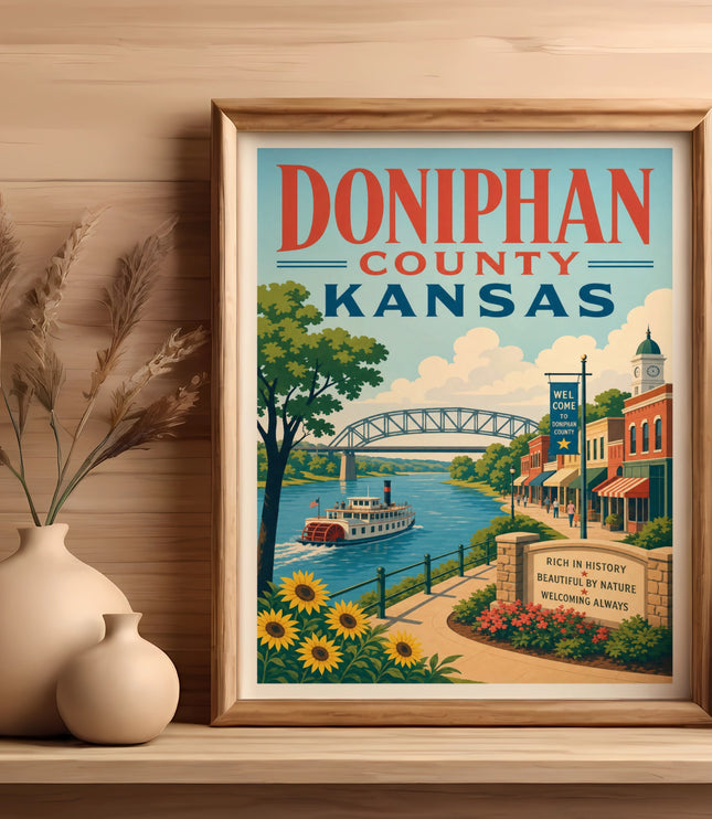Doniphan County Kansas poster with river, bridge, and sunflowers.