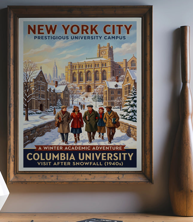 New York City Columbia University vintage poster with students walking in snow.
