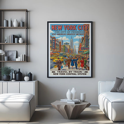 New York City vintage travel poster featuring Fifth Avenue sights and train travel.