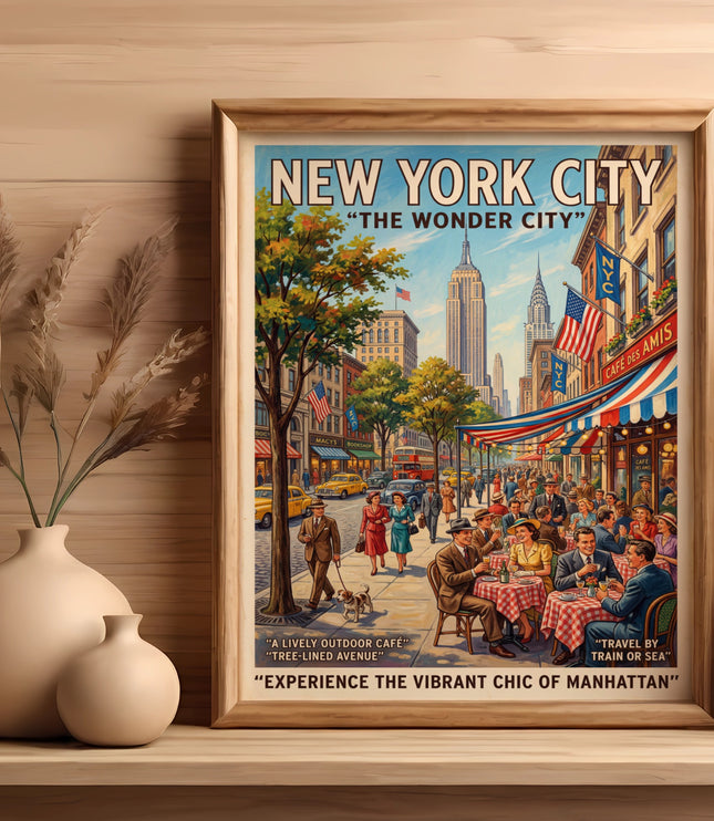New York City poster with Empire State Building and busy café scene.