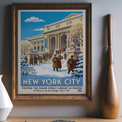 New York City, Grand Public Library in winter, WPA poster.