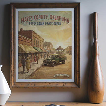 Vintage poster of Pryor Creek Town Square, Mayes County, Oklahoma.