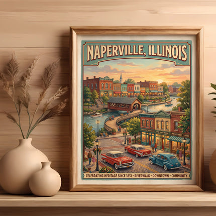 Framed art depicting Naperville, Illinois with storefronts, river, and vintage cars.