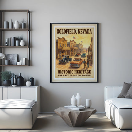 Goldfield, Nevada historic heritage poster with vintage buildings and cars.