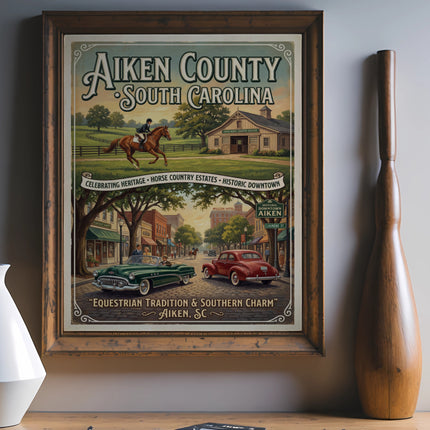 Aiken County South Carolina poster depicting equestrian and downtown scenes with vintage cars.