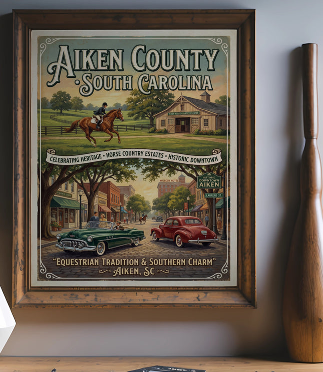 Aiken County South Carolina poster depicting equestrian and downtown scenes with vintage cars.