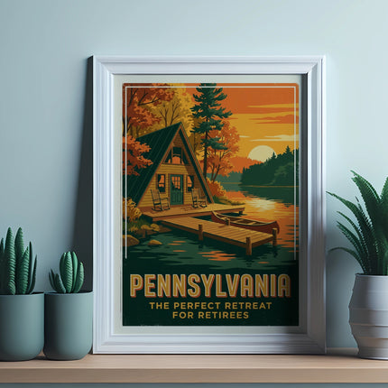 Framed Pennsylvania retreat poster showing a cabin, lake, and trees.