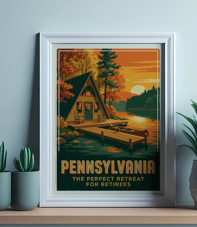 Framed Pennsylvania retreat poster showing a cabin, lake, and trees.