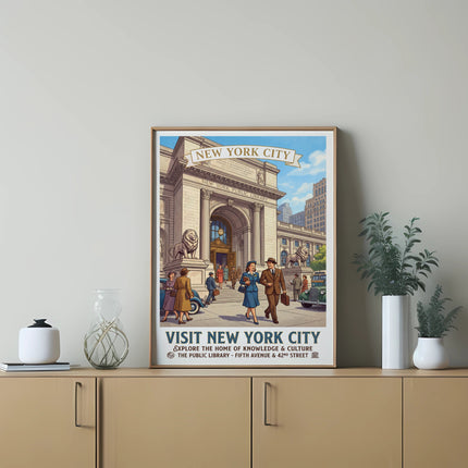 New York Public Library poster with "Visit New York City" text.