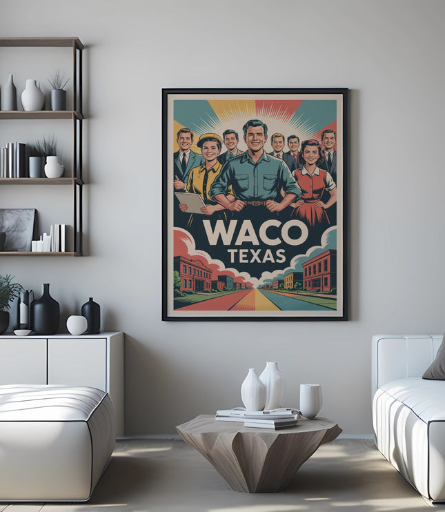 Poster of Waco, Texas featuring diverse smiling people and cityscape.