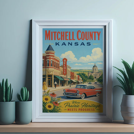 Vintage poster of Mitchell County, Kansas, featuring a red car and town scene.
