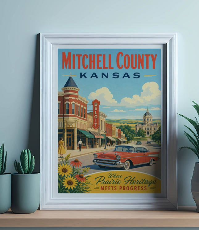Vintage poster of Mitchell County, Kansas, featuring a red car and town scene.