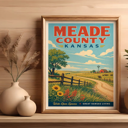 Meade County Kansas vintage travel poster with farm scene and text.