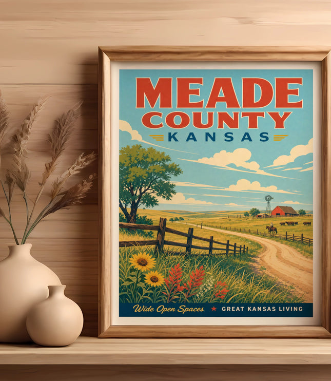 Meade County Kansas vintage travel poster with farm scene and text.