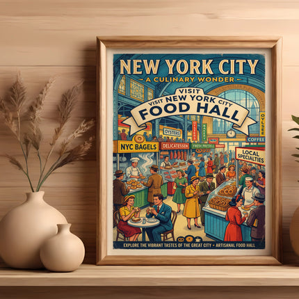 New York City Food Hall poster with vintage illustrations and text.