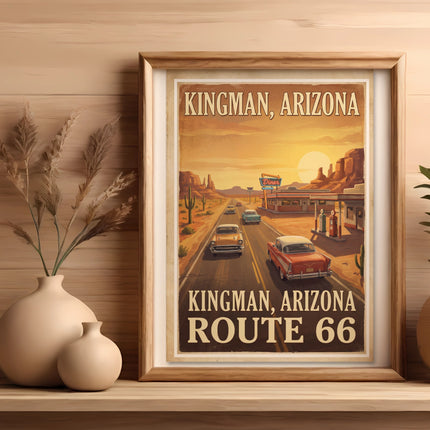 Poster of Kingman, Arizona, Route 66 with classic cars and a desert diner.