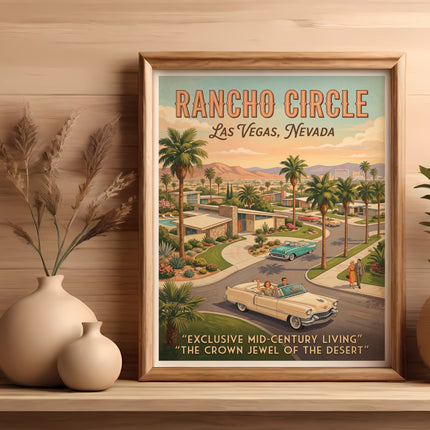 Retro poster of Rancho Circle, Las Vegas, Nevada, featuring mid-century homes and cars.