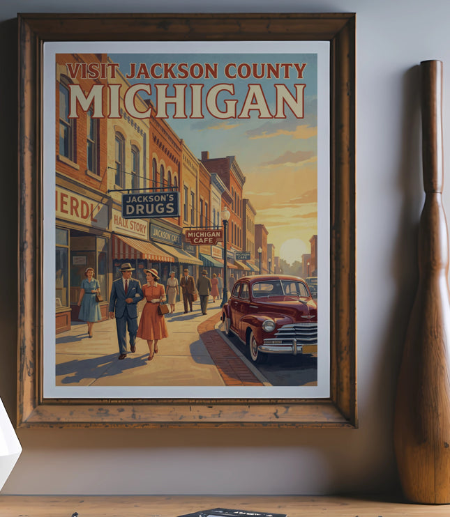Vintage poster of Michigan street scene with text "Visit Jackson County Michigan".