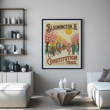 Poster for Bloomington, IL Constitution Trail featuring people on bikes and walking.