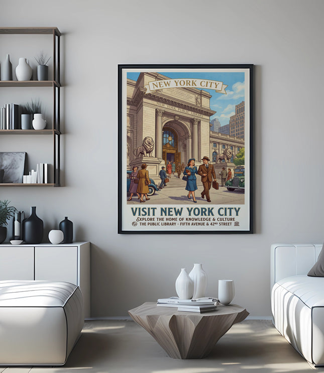 Vintage "Visit New York City" poster featuring the Public Library.
