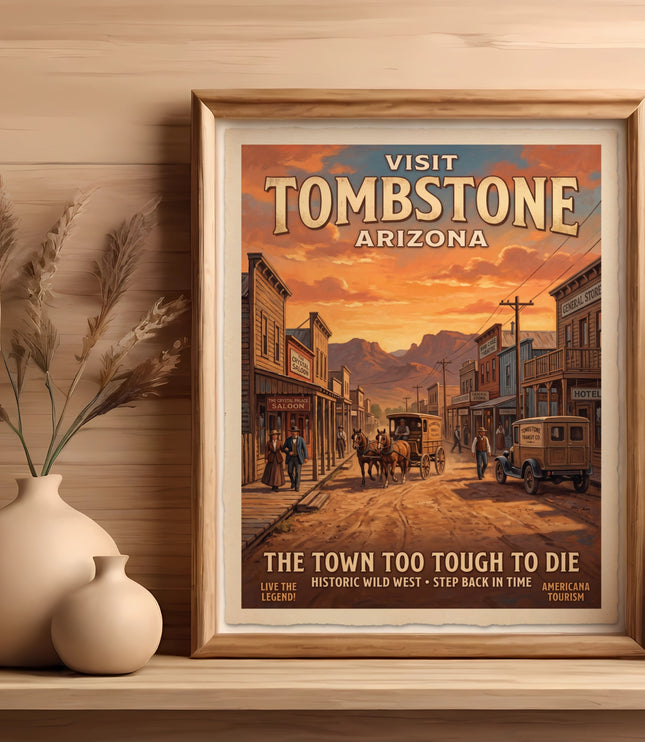 Visit Tombstone Arizona poster showing a historic street scene with text.