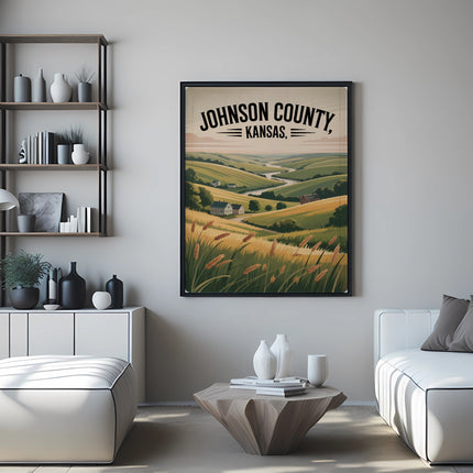 Framed landscape art of Johnson County, Kansas with rolling hills and text.