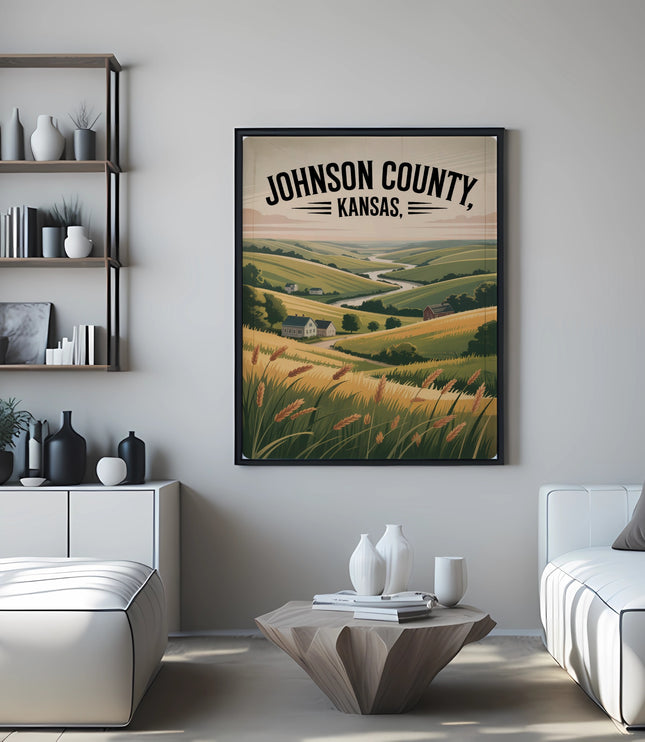 Framed landscape art of Johnson County, Kansas with rolling hills and text.